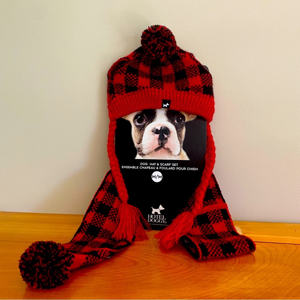 Dog hat and scarf set medium buffalo plaid